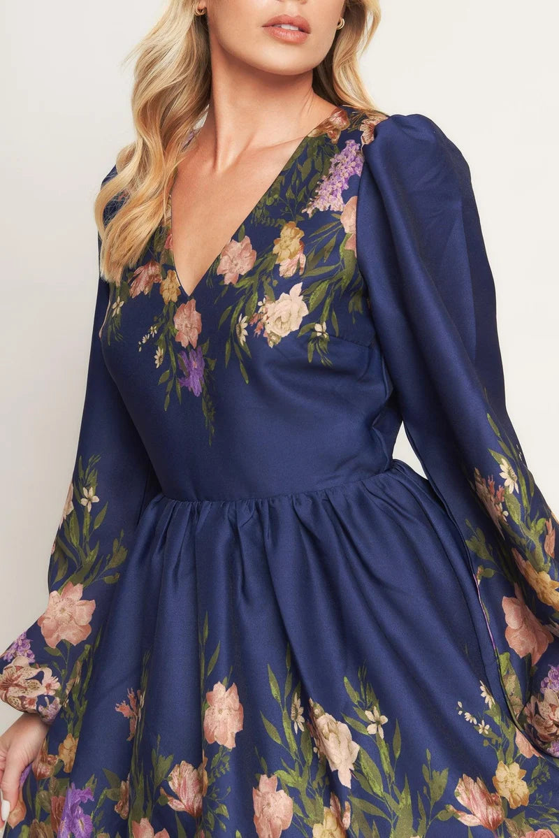 Long Sleeve Floral Printed Mini Dress- Navy