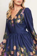 Long Sleeve Floral Printed Mini Dress- Navy