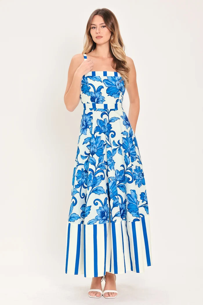 Printed Floral Midi Dress- Blue