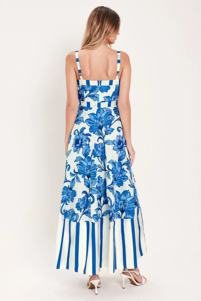Printed Floral Midi Dress- Blue