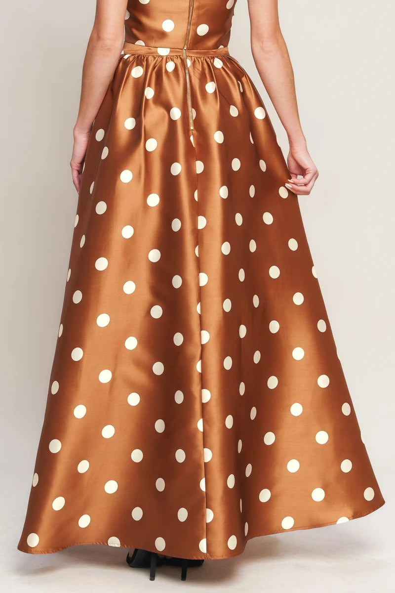 Polka Dot 2 Piece Set with Maxi Skirt- Caramel