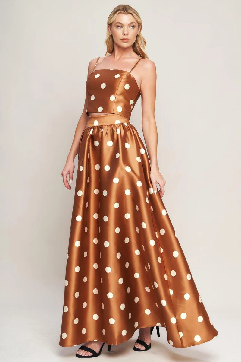 Polka Dot 2 Piece Set with Maxi Skirt- Caramel