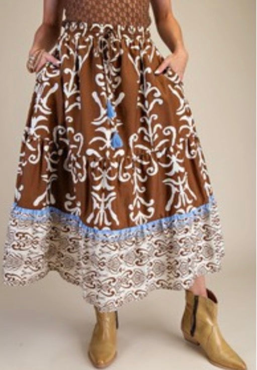 Printed Tiered Maxi Skirt- Brown