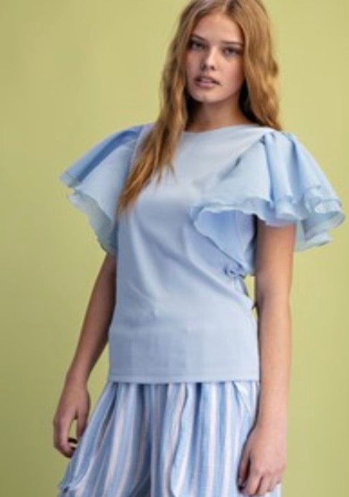 Wing Slvs Babyrib Knit Top- Powder Blue