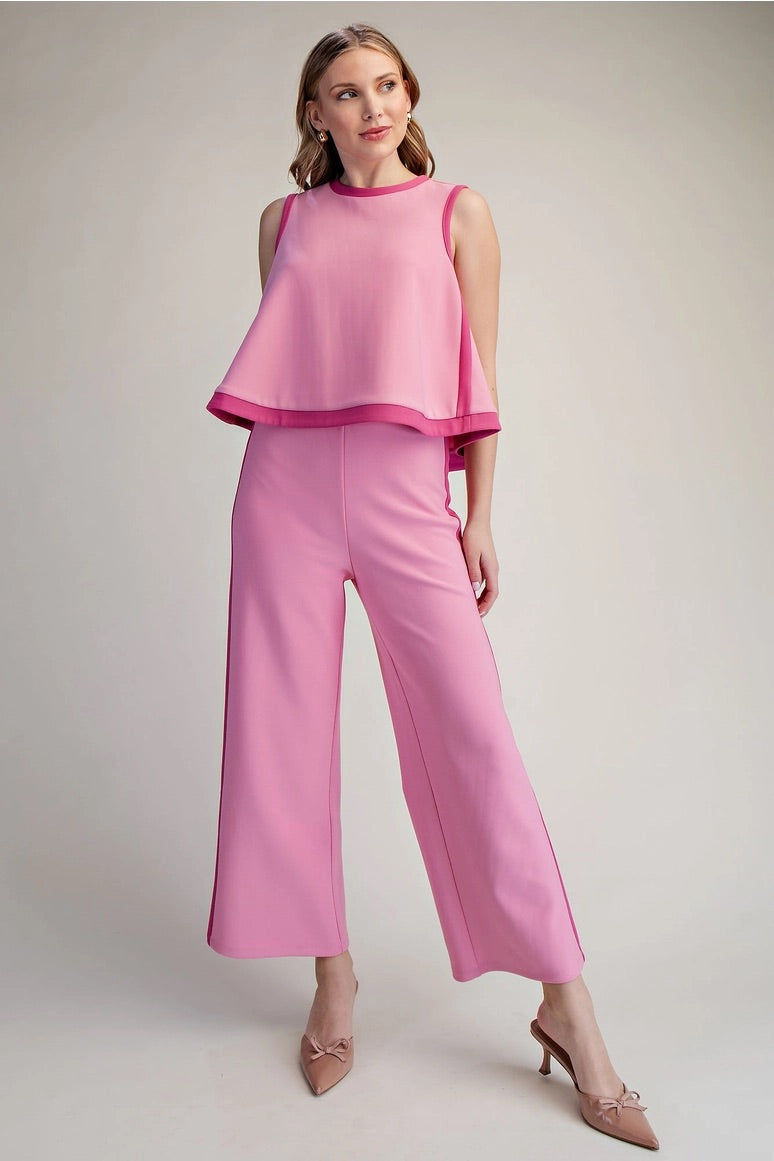 High-Waisted Balloon Pants & Sleeveless Knit Top Set- Pink