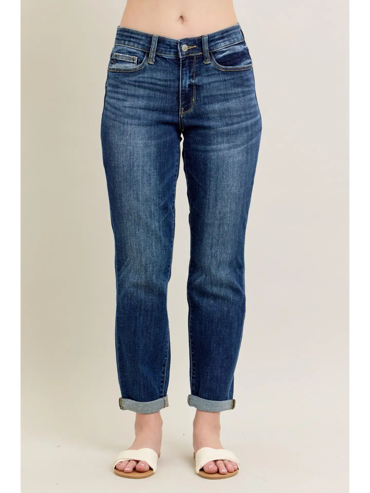 Classic Mid Rise Cuffed Boyfriend Fit- Dark Wash