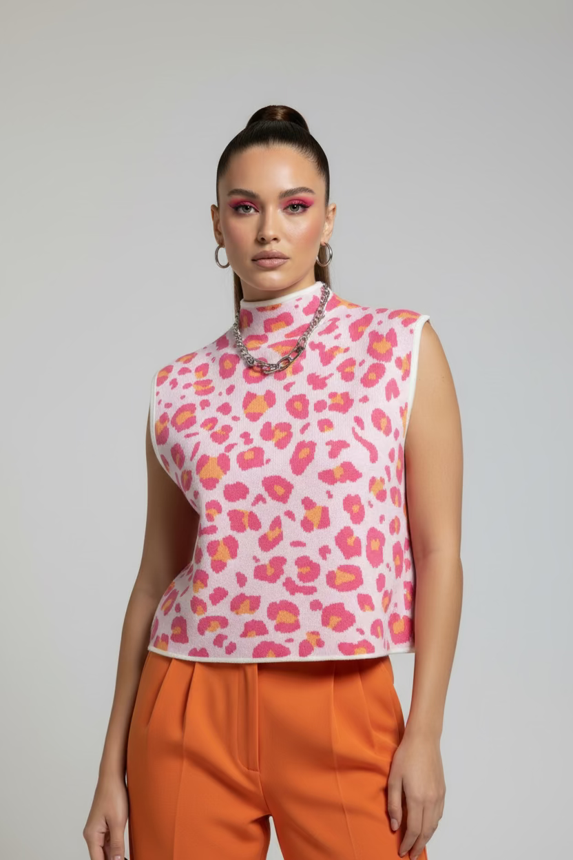 Sleeveless Mockneck Print Sweater
