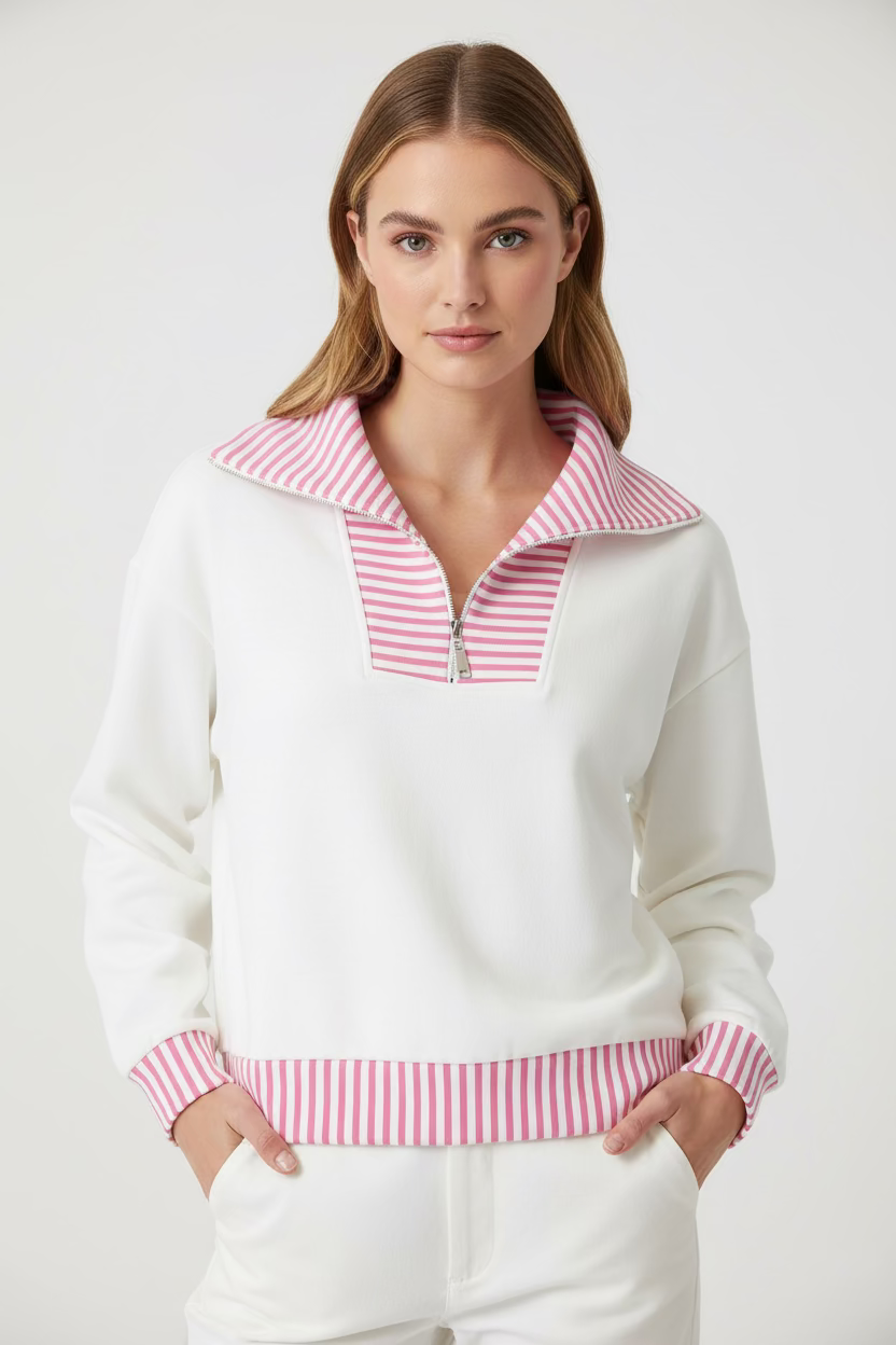 Zip Pullover- Pink & White