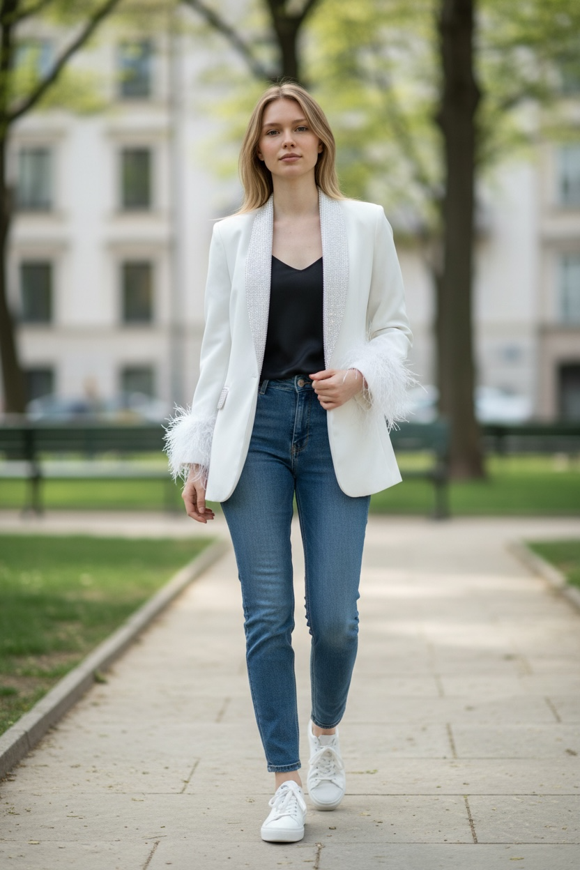 Feather Blazer- White Stone