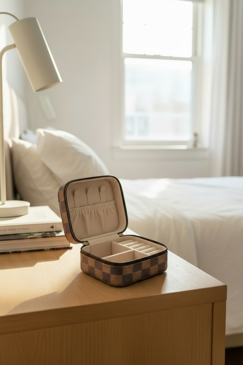 Brown Checkered Jewelry Case