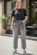 Stone Washed Stretch Denim Barrel Pants