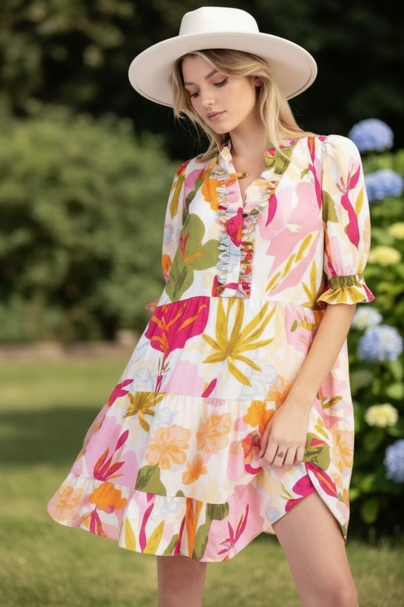 Plus Size Puff Short Printed Peach Blossom Dress