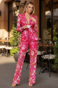 3D Floral Embroidered Blazer Pants Suit- Fuchsia