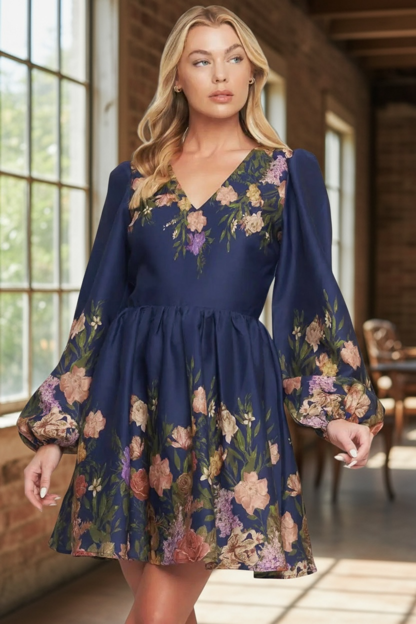 A Printed Woven Mini Dress- Navy