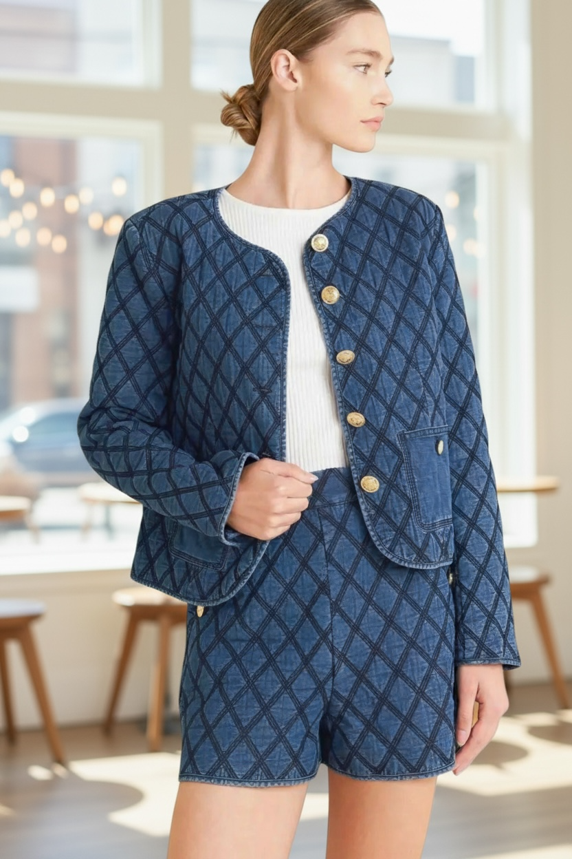 A-Quilted Woven Jacket & Short Set- Denim Blue