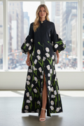 Long Sleeve Floral Pleated Stand Collar Trench Coat