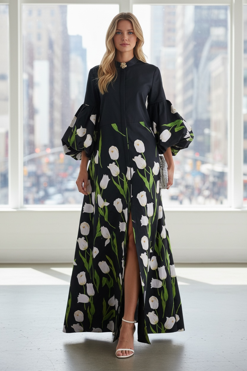 Long Sleeve Floral Pleated Stand Collar Trench Coat