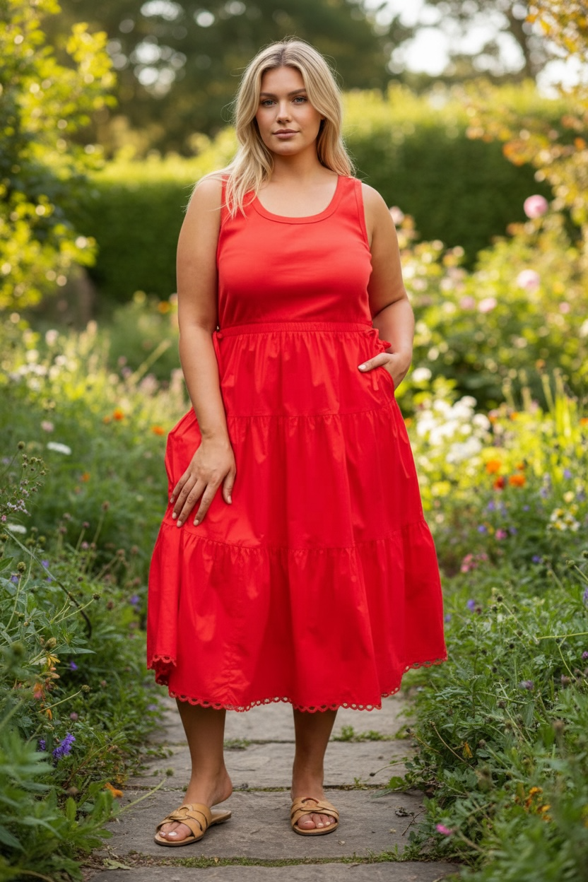 Plus Size Sleeveless Knit Tank Poplin Skirt Mixed Media Dress
