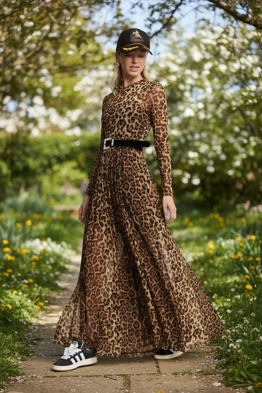 Animal Print Mesh Mock Maxi Dress- Mocha Brown