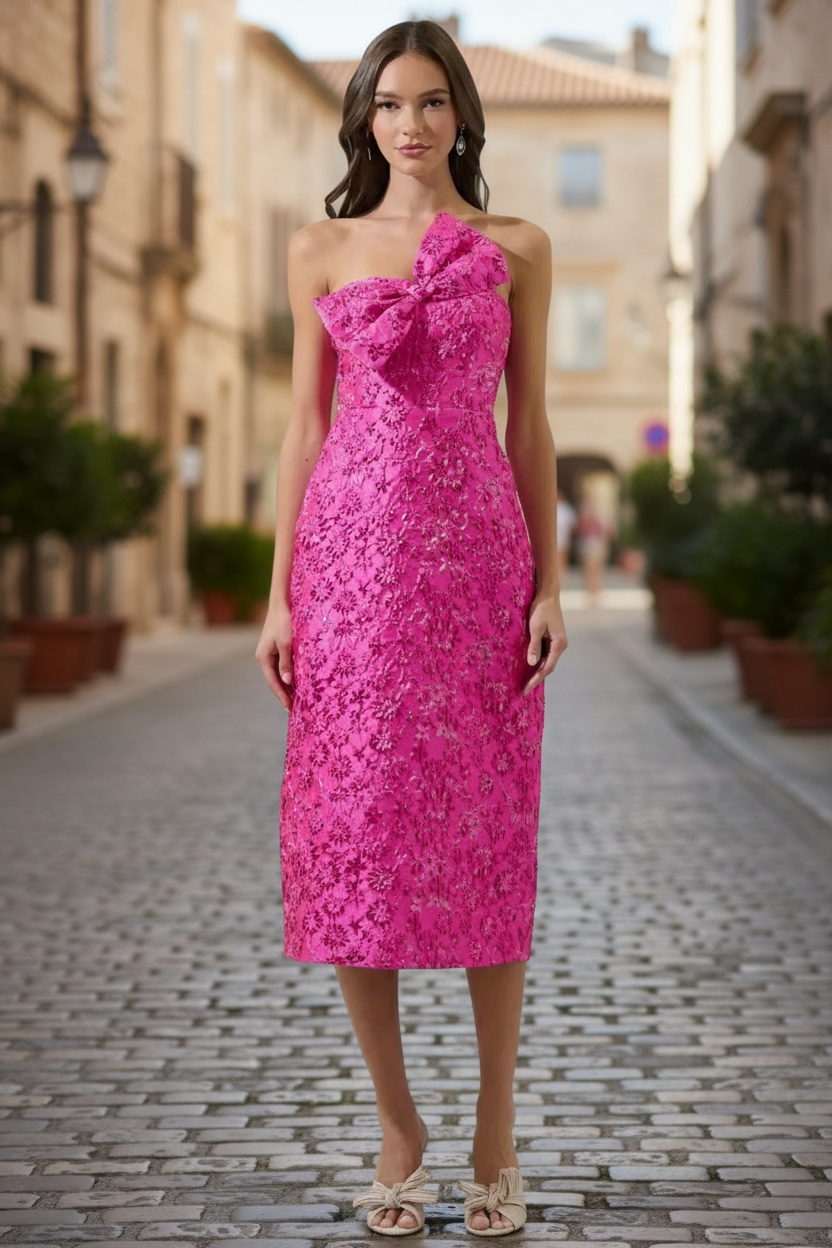 Harrington Jacquard Lola Bow Strapless Midi Dress- Fuchsia