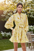 Floral Print Lantern Sleeve Belted Dress- Yellow English