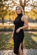 Ribbed Sleeveless Turtleneck MIDI Dress