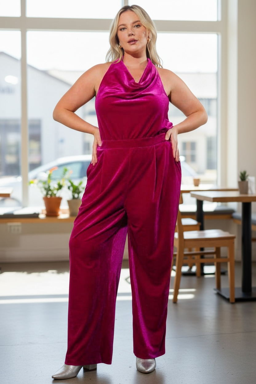 Plus Size Velvet Cowl Neck Jumpsuit