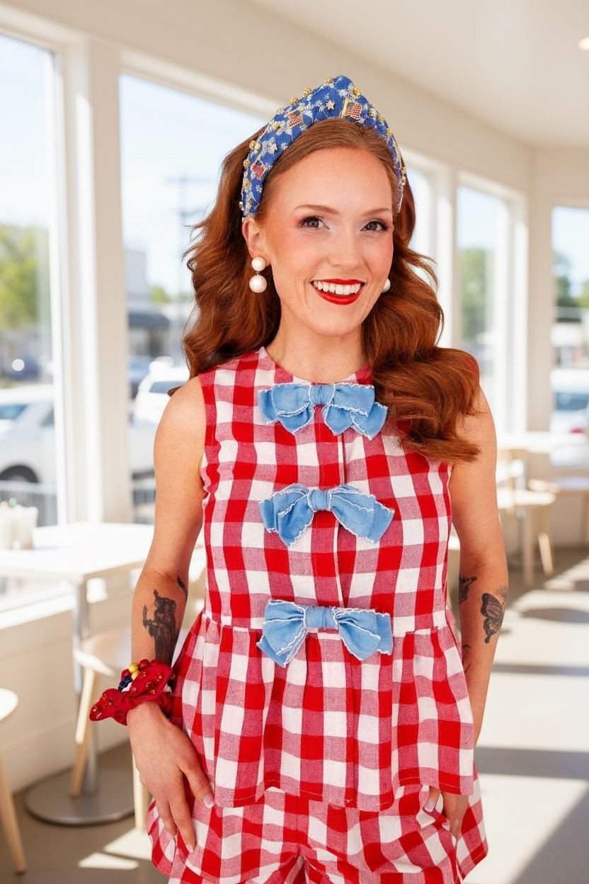 Gingham Picnic Peplum Top with Bows