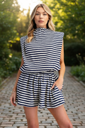 Mock Neck Sleeveless Bubble Top & Pleaded Striped Short Set