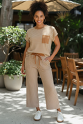 Stripe Tee & Drawstring Waist Pants Set- Brown
