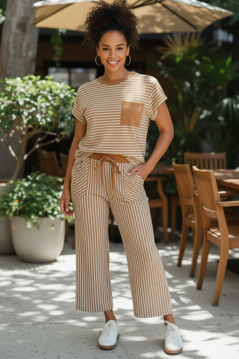 Stripe Tee & Drawstring Waist Pants Set- Brown
