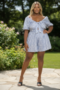Plus Size Printed Romper- Blue