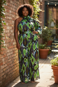 Plus Size One Shoulder Jumpsuit- Black/Green