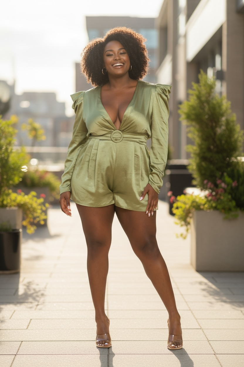 Plus Size Long Sleeve Romper- Olive