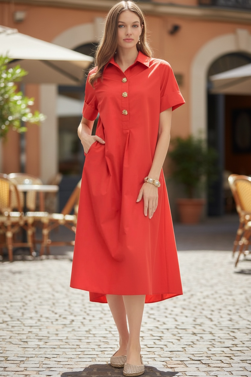 Solid Short Sleeve Midi Dress Three Accent Buttons- Red