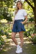 Ruffle Botton Washed Denim Shorts