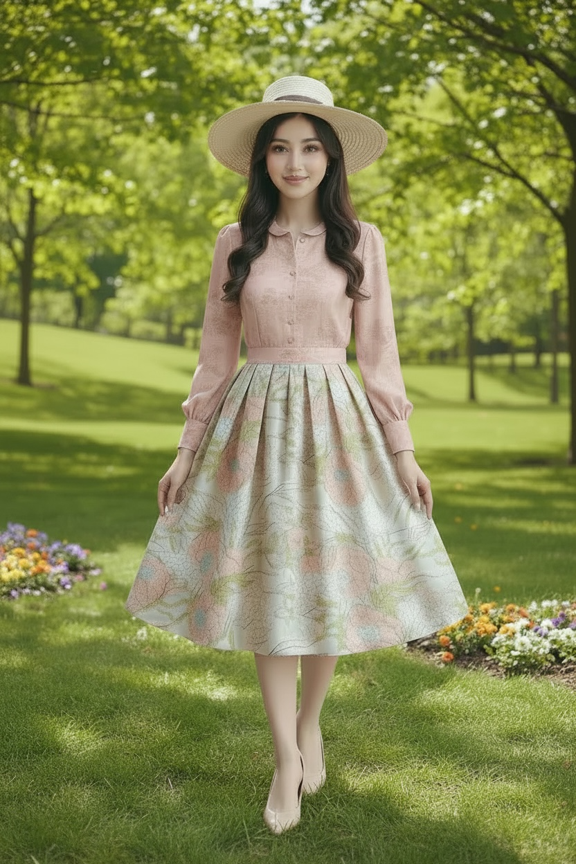Floral Embroidered High Waist Organza Skirt- Pink