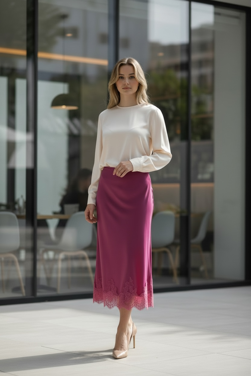 High Waist Midi Lace Satin Skirt
