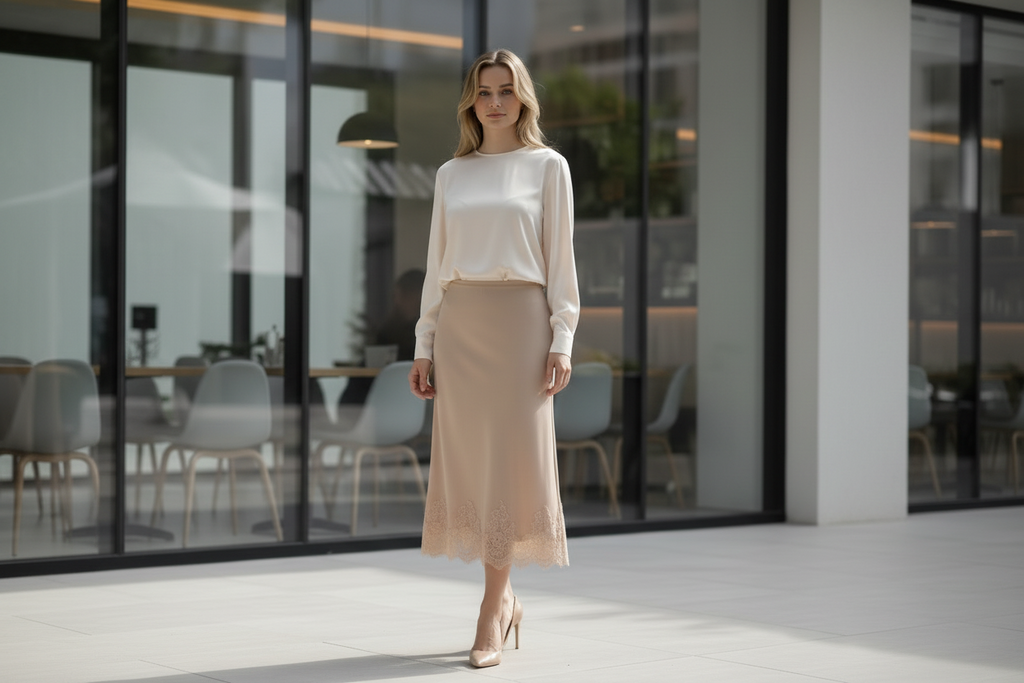 High Waist Midi Lace Satin Skirt