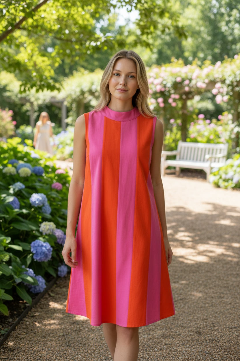 Sleeveless Colorblock Midi Dress- Pink/Red/Orange