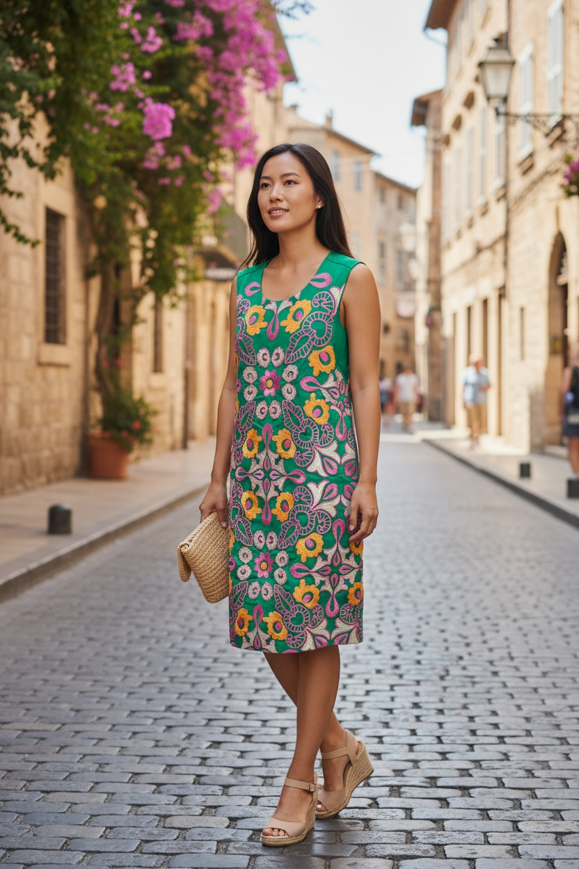 Sleeveless Floral Embroidery Dress- Green