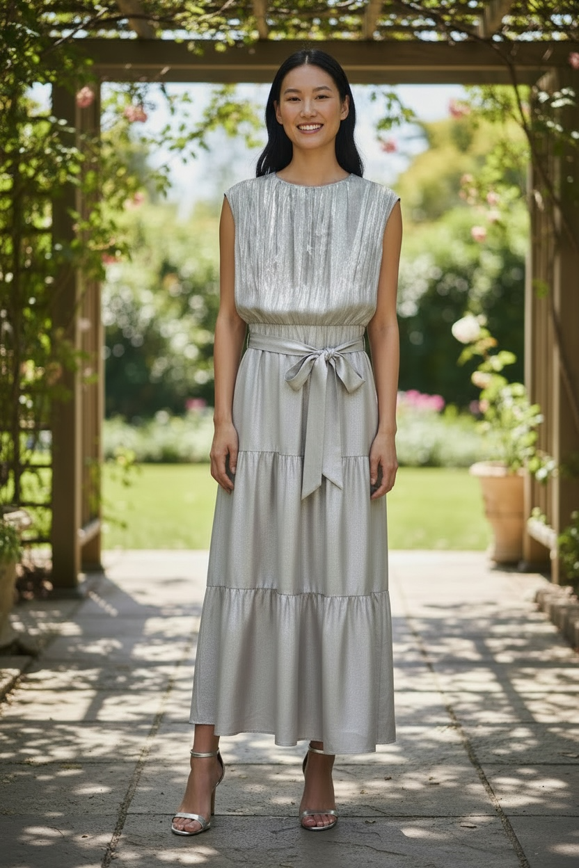 Round Neck Tie Waist Sleeveless Maxi Dress