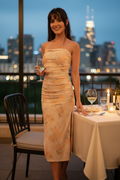 Floral Mesh Ruched Strapless Midi Dress