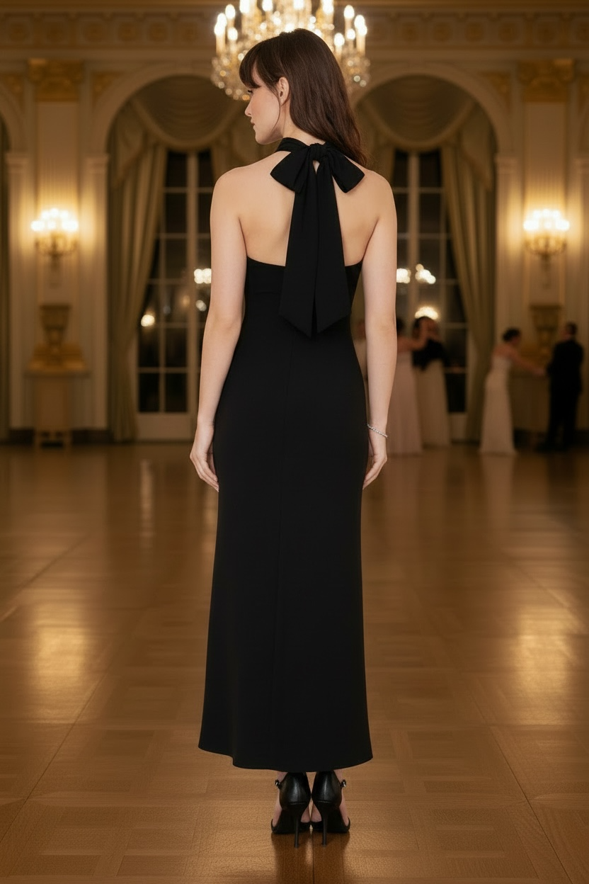 Statement Bow Classy Cocktail Party Maxi Dress- Black