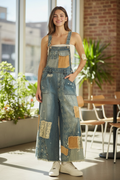 Multi Patch Wide Leg Denim Overalls