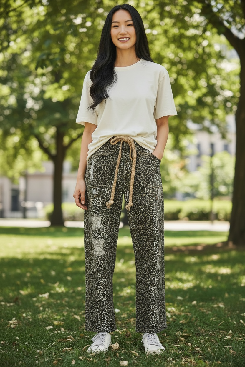 Washed Distressed Leopard Pants