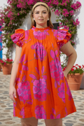 Plus Size Floral Mini Dress- Orange/Pink