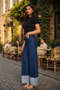 Rhinestone High-Rise Cuff Wide Leg Jeans