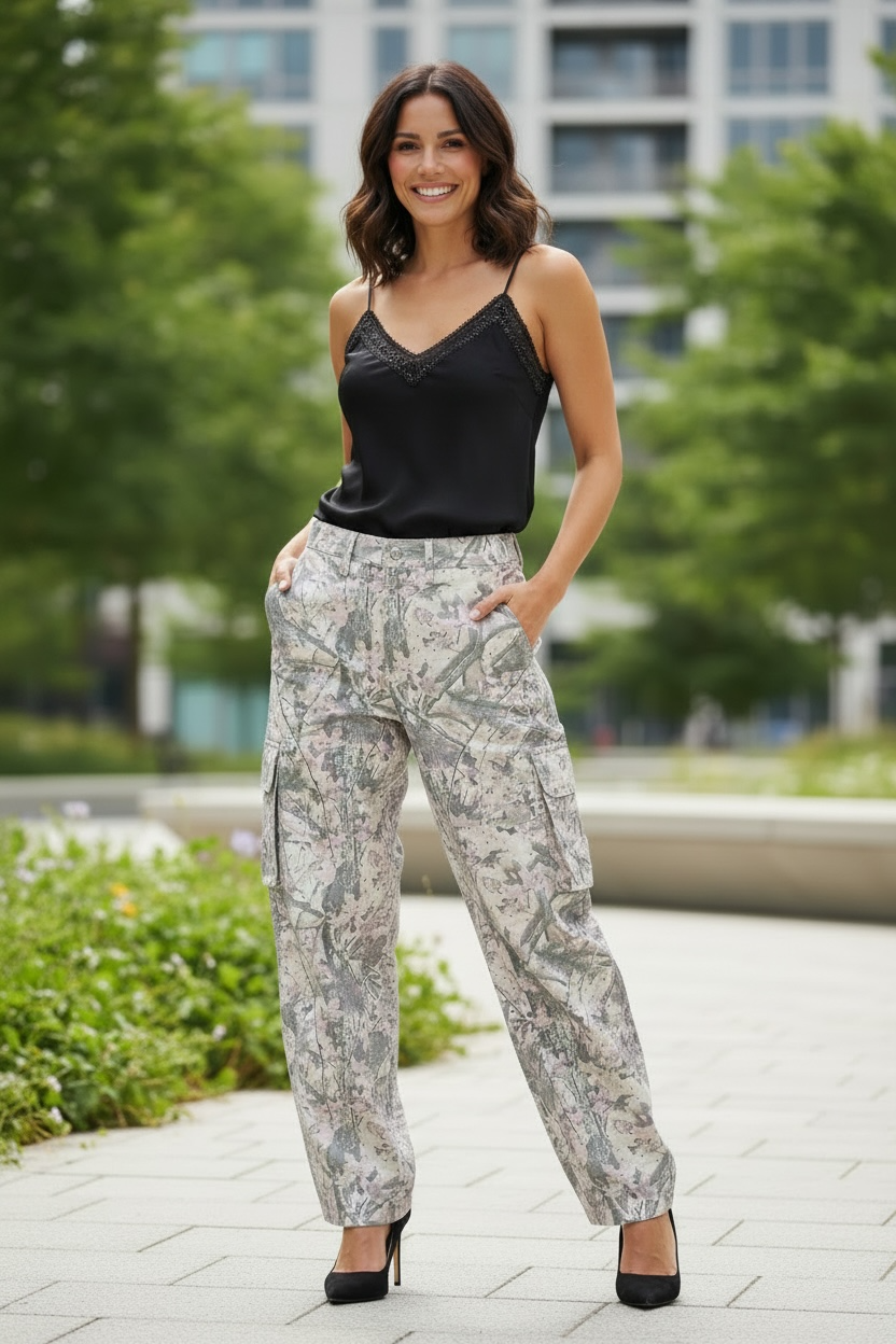 Rhinestone Camo Print Baggy Barrel Jeans