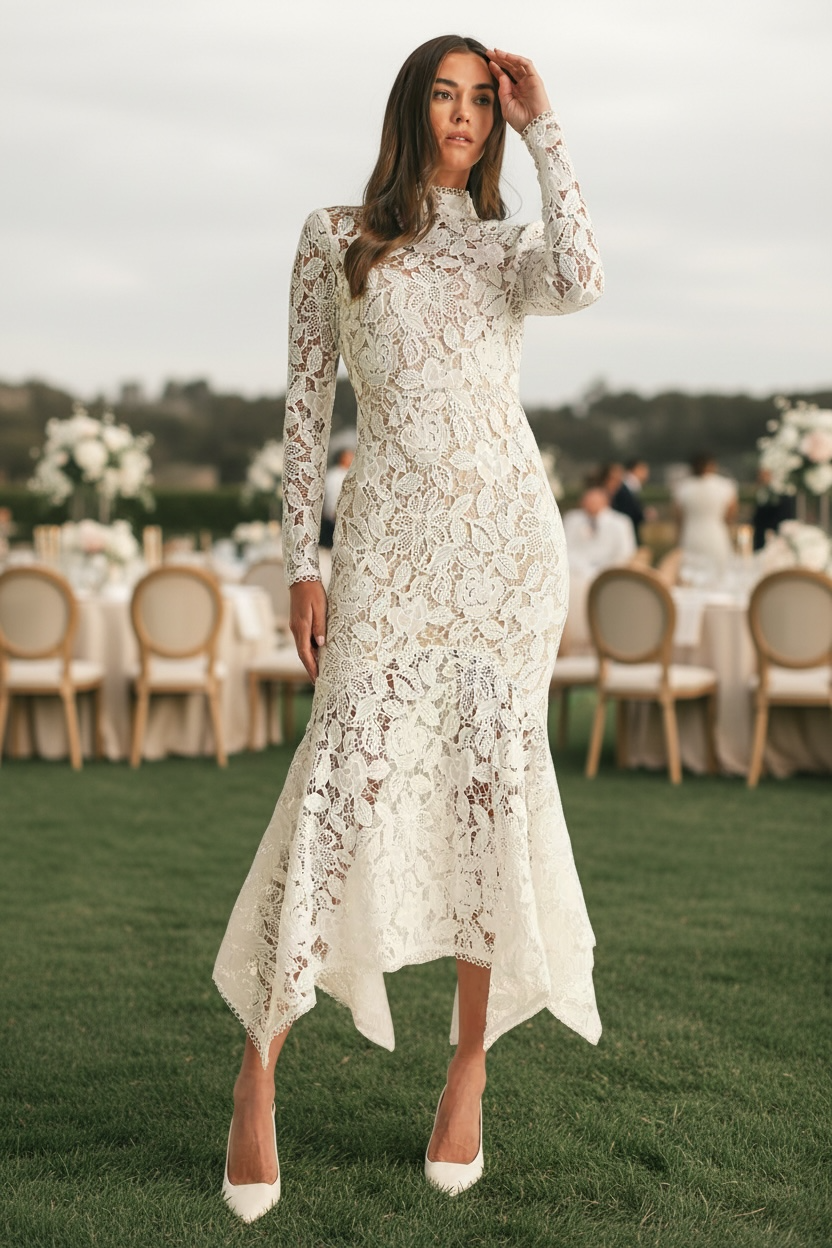 Floral Bridal Wedding Lace Midi Dress- White